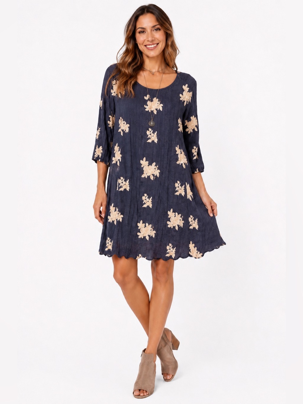 LABEL by five twelve Floral Embroidered Navy Crinkle Gauze Swing Dress